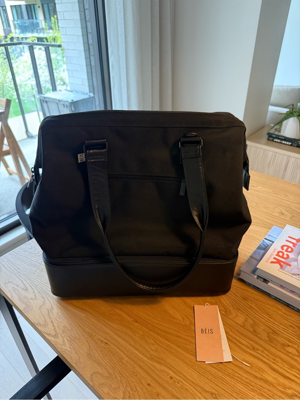 BEIS mini weekender in Black Travel Tote Bag with Leather Trim